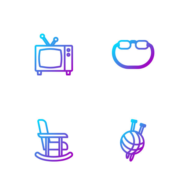 线纱球针织针，摇椅，复古电视和眼镜。渐变颜色图标。向量图片下载