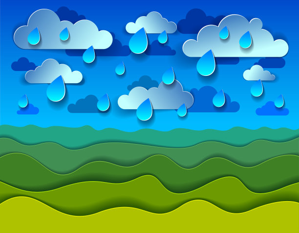 风景优美的自然景观绿草草甸下的雨滴多云雨天的天空卡通剪纸现代风格矢量插图。图片下载