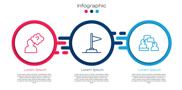 排成一行问号头，旗和两个坐着的人在谈话。业务信息模板。向量图片下载