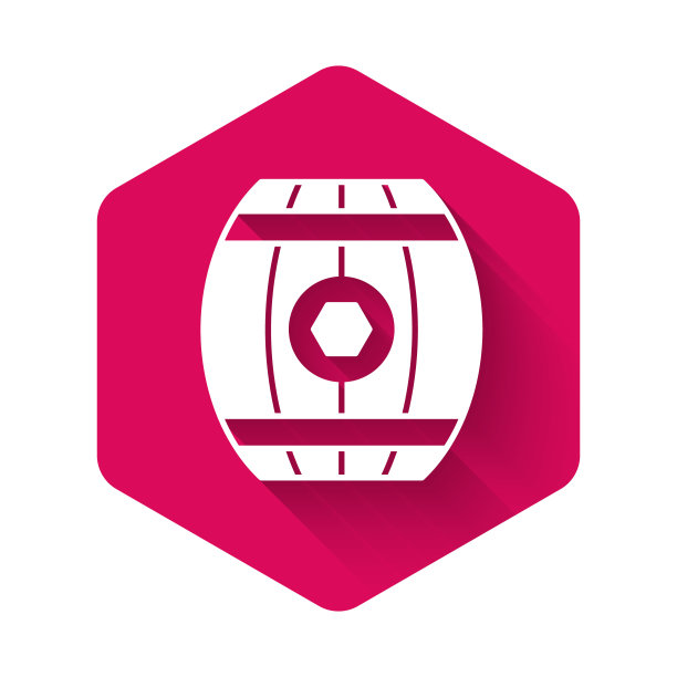 白色木桶与蜂蜜图标隔离与长阴影背景。粉红色的六角按钮。向量图片下载