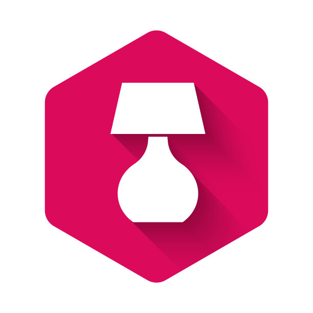 白色台灯图标与长阴影背景隔离。台灯。粉红色的六角按钮。向量图片下载