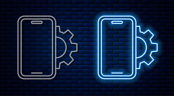 发光的霓虹灯线电话维修服务图标孤立在砖墙背景。调整，服务，设置，维护，修理，固定。向量图片下载