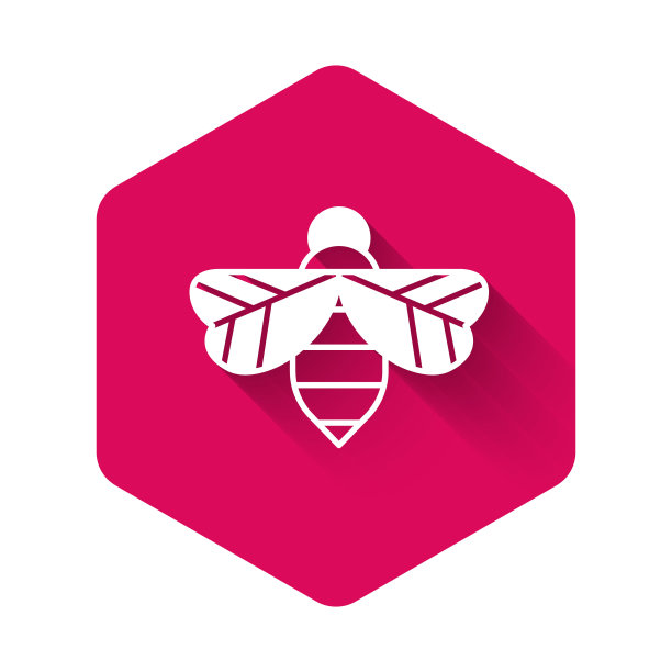 白色蜜蜂图标孤立与长阴影背景。甜蜜的天然食品。有翅膀象征的蜜蜂或apis。飞行昆虫。粉红色的六角按钮。向量图片下载