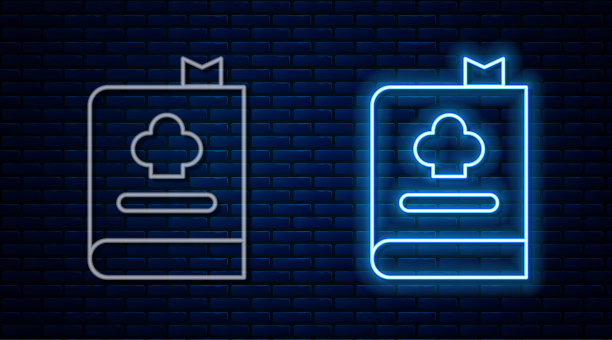 发光的霓虹灯线食谱图标孤立在砖墙背景。烹饪书图标。菜谱的书。叉和刀的图标。餐具的象征。向量图片下载