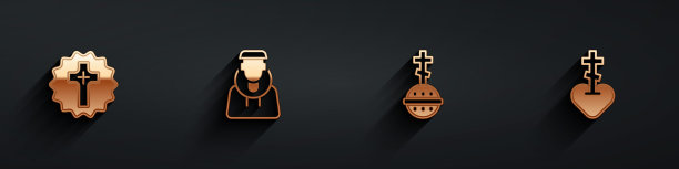设置基督教十字架，僧侣和宗教在心中的图标与长影子。向量图片下载