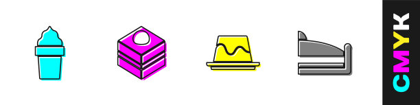 冰淇淋在华夫筒，布朗尼巧克力蛋糕，布丁蛋奶沙司和一块图标。向量图片下载