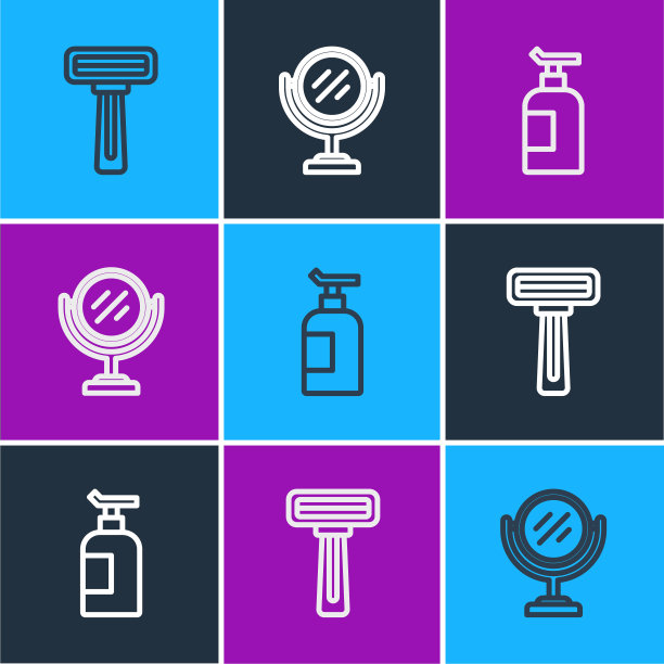 集线剃须剃须刀，护肤霜，化妆管和圆形化妆镜图标。向量图片下载