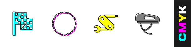 设置方格旗，自行车车轮，瑞士军刀和头盔图标。向量图片下载