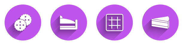 设置饼干或饼干，一块蛋糕，华夫饼和图标与长影子。向量图片下载