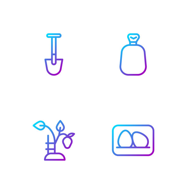 设置鸡蛋，草莓灌木，铲子和满袋。渐变颜色图标。向量图片下载