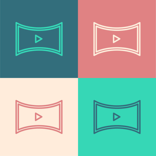 流行艺术线在线播放视频图标孤立的颜色背景。带游戏标志的胶片带。向量图片下载
