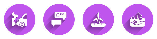 集汽车尾气、全球变暖、风力涡轮机和海洋污染问题的图标与长长的阴影。向量图片下载