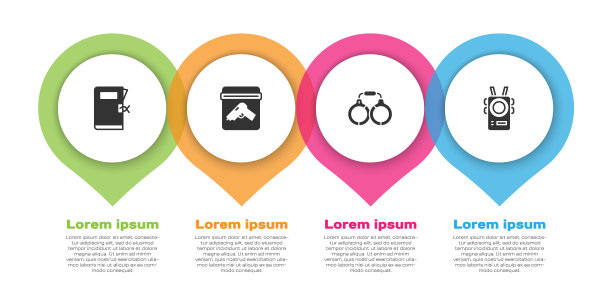 设置警察局文件夹，证据袋与枪，手铐和随身相机。业务信息模板。向量图片下载