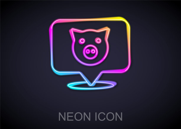 发光的霓虹灯线猪图标孤立在黑色背景。动物的象征。向量图片下载