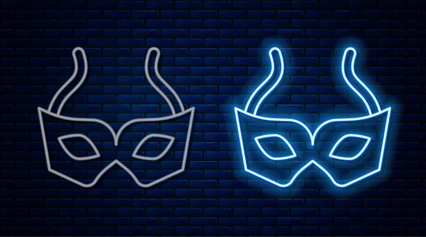 发光的霓虹灯线节日面具图标孤立在砖墙背景。圣诞快乐，恭贺新禧。向量图片下载