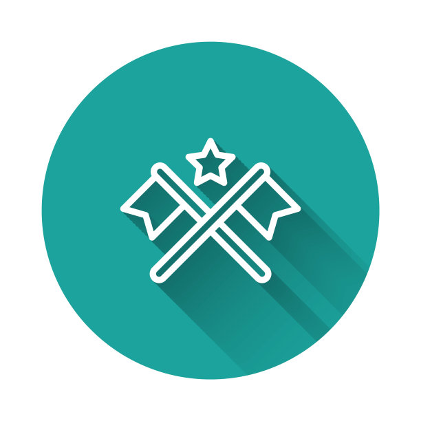 白线美国国旗图标孤立与长阴影背景。美国的国旗。美利坚合众国。绿色圆圈按钮。向量图片下载