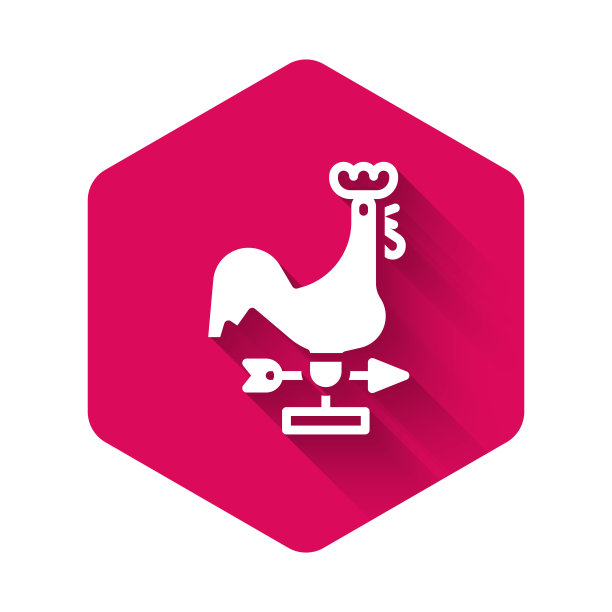 白色公鸡风向标图标孤立与长阴影。随风倒的迹象。Windvane公鸡。粉红色的六角按钮。向量图片下载