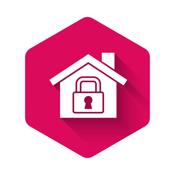 被保护的白宫图标与长长的阴影背景隔离。家和锁。保护、安全、安全、保护、防御理念。粉红色的六角按钮。向量图片下载