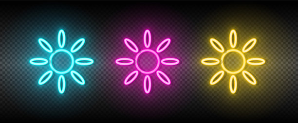 太阳蓝色，粉红色和黄色霓虹灯矢量图标集图片下载