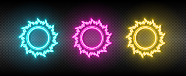 太阳蓝色，粉红色和黄色霓虹灯矢量图标集图片下载