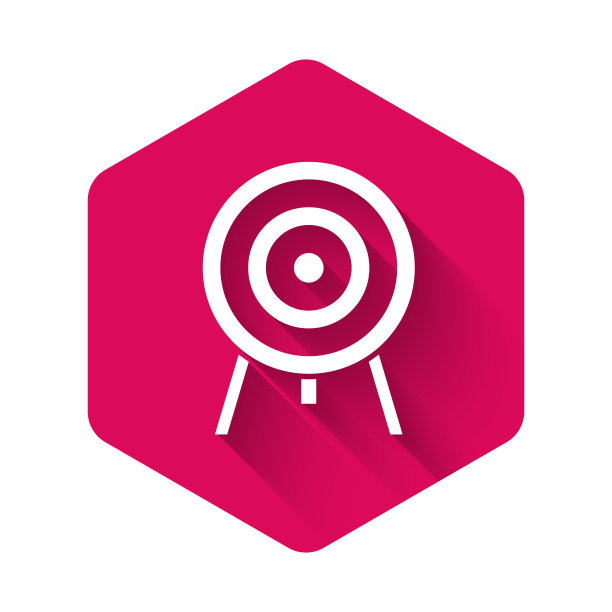 白色目标图标与长阴影隔离。飞镖靶信号。射箭板图标。圆靶信号。业务目标的概念。粉红色的六角按钮。向量图片下载