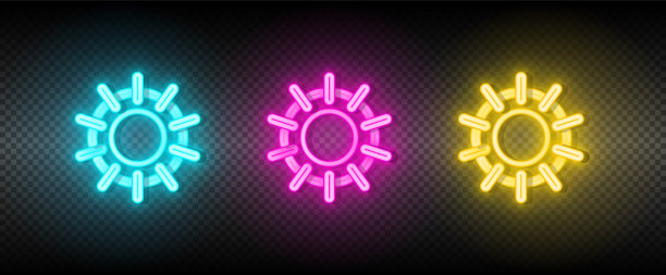 太阳蓝色，粉红色和黄色霓虹灯矢量图标集图片下载