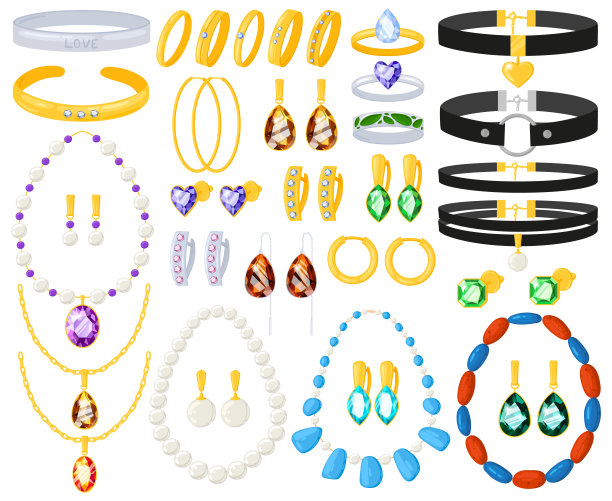 卡通女性珠宝金银质项链、手链、耳环、戒指。妇女珠宝，金，银配件矢量插图集。珍贵的宝石饰品图片下载