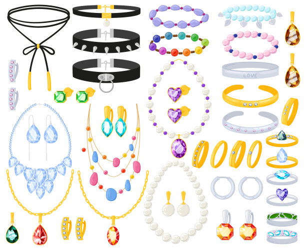 卡通金，银珠宝饰品项链，手链和耳环。妇女珠宝，金，银配件矢量插图集。珠宝耳环，戒指，项链图片下载