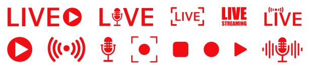 一组直播流图标，红色视频广播和直播流图标图片下载