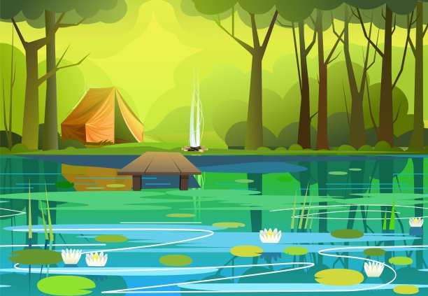 森林。绿色的夏天的风景。河岸河或湖的河岸钓鱼码头。水中的波浪和倒影。睡莲。露营帐篷和烟篝火。说明向量图片下载