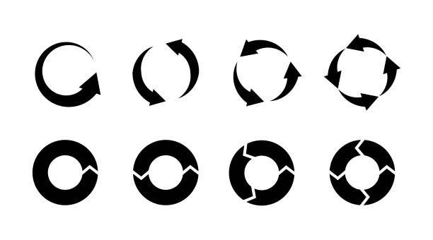 回收的图标。黑色剪影环境标志。圈箭头孤立的标签。生物垃圾。重用垃圾。可生物降解的浪费。周期象形图。向量生态图形符号集图片下载