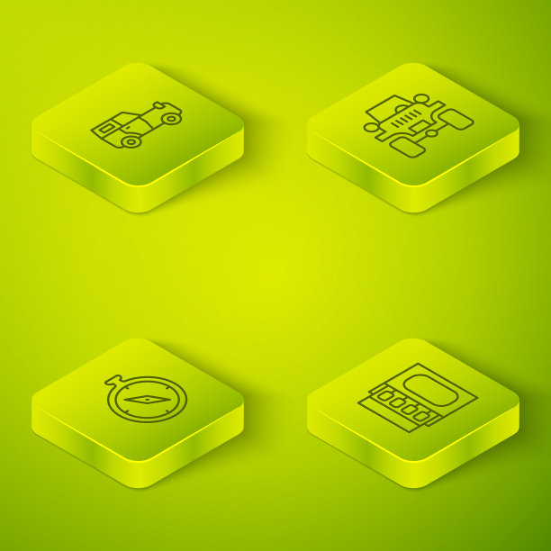 设置等距线远离公路车，指南针，火柴盒，火柴和图标。向量图片下载