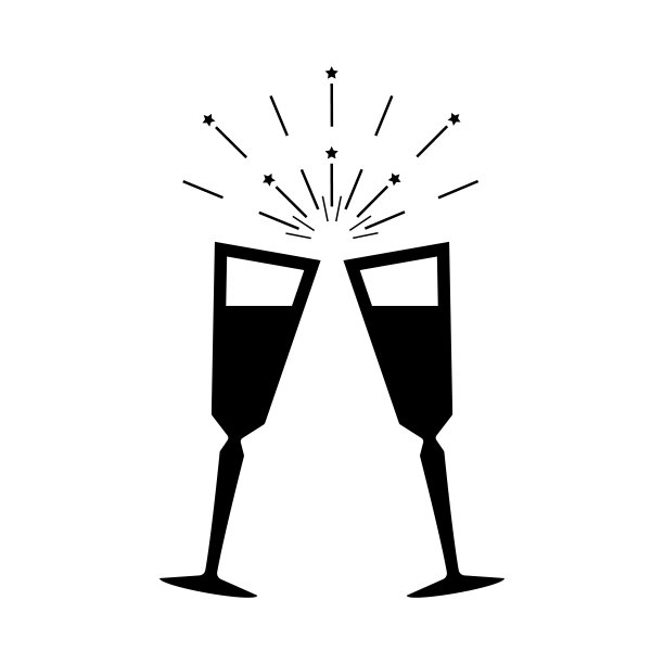 两个水晶香槟酒杯祝酒图标矢量插图集。周年生日平安夜新年快乐事件庆祝剪影象形图在白色背景图片下载