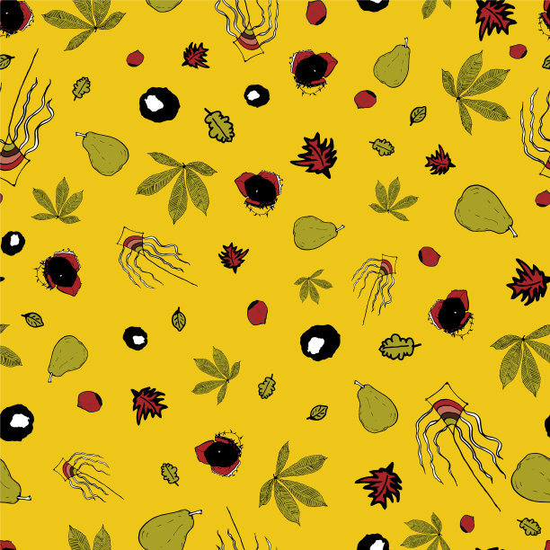 黄色的秋叶和梨子涂鸦图片下载