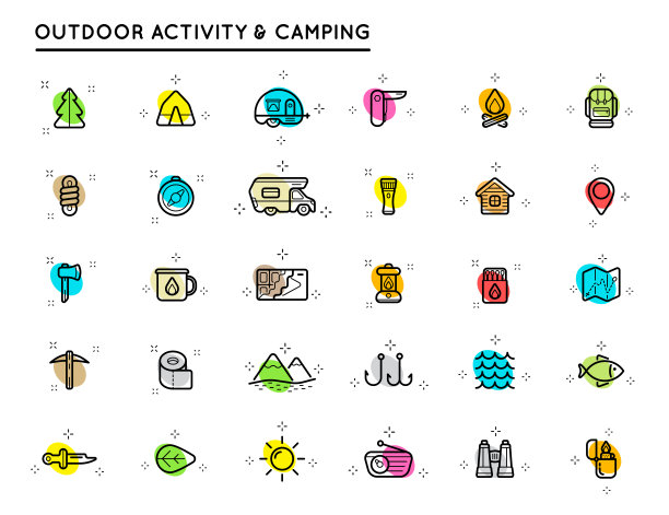 大集合向量露营和户外活动图标。荒野矢量插图。图片下载