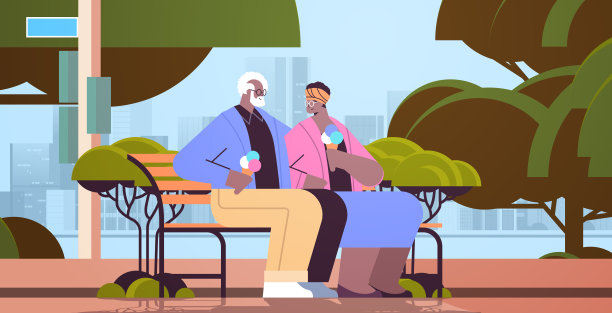 老夫妇坐在长凳上吃着冰淇淋，快乐的非裔美国祖父母一起在公园里消磨时光图片下载