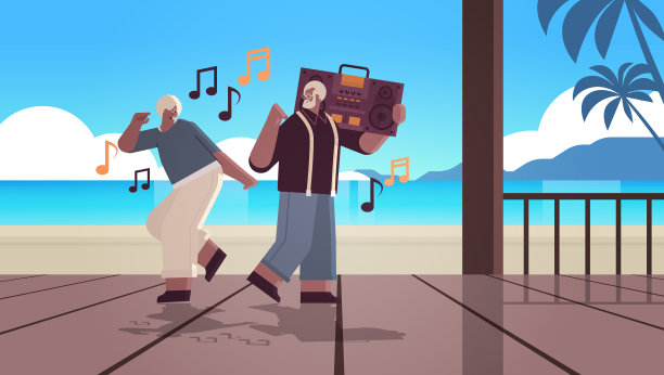 年长的家庭用低音录音机跳舞唱歌，非裔美国祖父母玩得很开心图片下载