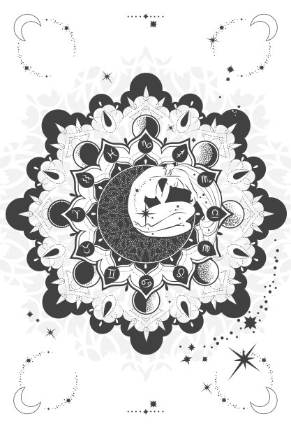 神秘的波西米亚曼荼罗和月亮上的女孩有图案。月亮、元素和星星的相。月亮秘传挂毯墙挂。图片下载