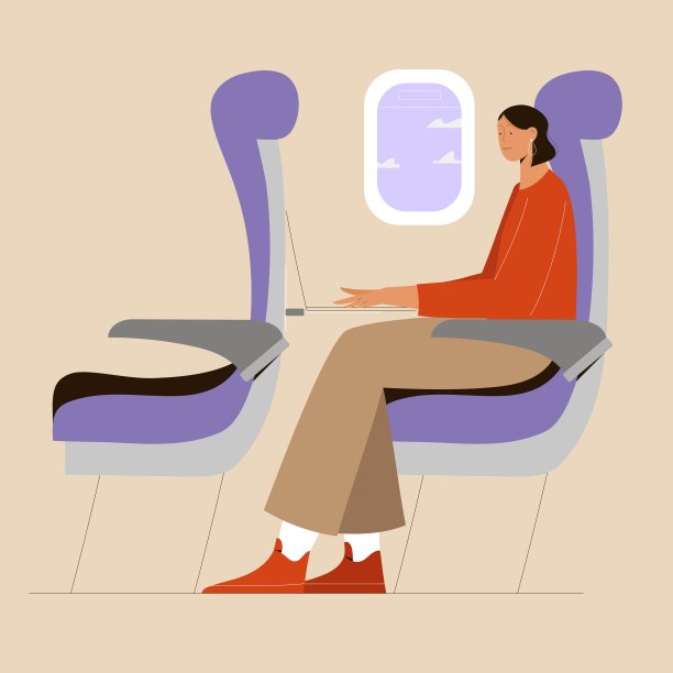 女孩坐飞机旅行，用笔记本电脑，靠窗的座位。平面向量插图图片下载