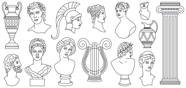 古代古希腊的头像、雕塑、建筑元素。希腊大理石雕像，花瓶，女神半身像向量插图集。古希腊神话雕塑图片下载