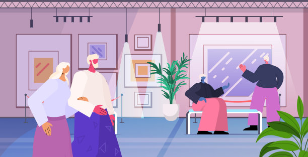 老年人参观美术馆老年男性女性参观者参观博物馆展品老年观念图片下载