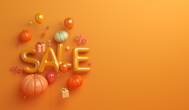 秋季销售背景与气球，枫叶，礼盒，复制空间文本，3D渲染插图图片下载
