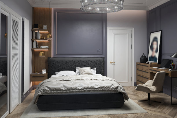 优雅的卧室设计理念，空中3D插图图片下载