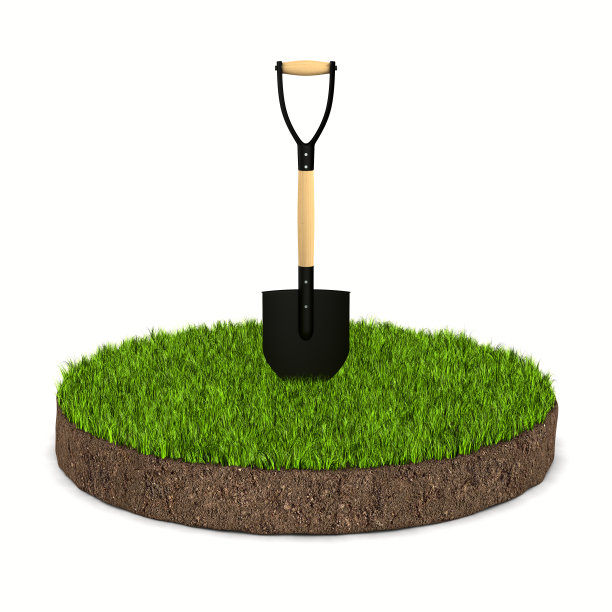 圆形的土壤上有绿色的草和白色背景上的铲子。孤立的3 d演示图片下载