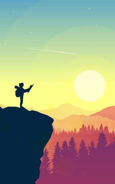 一个女人站在山顶上看地图。发现、探索、观察自然的旅游理念。徒步旅游。冒险。多边形景观插图。极简主义的平面设计。图片下载