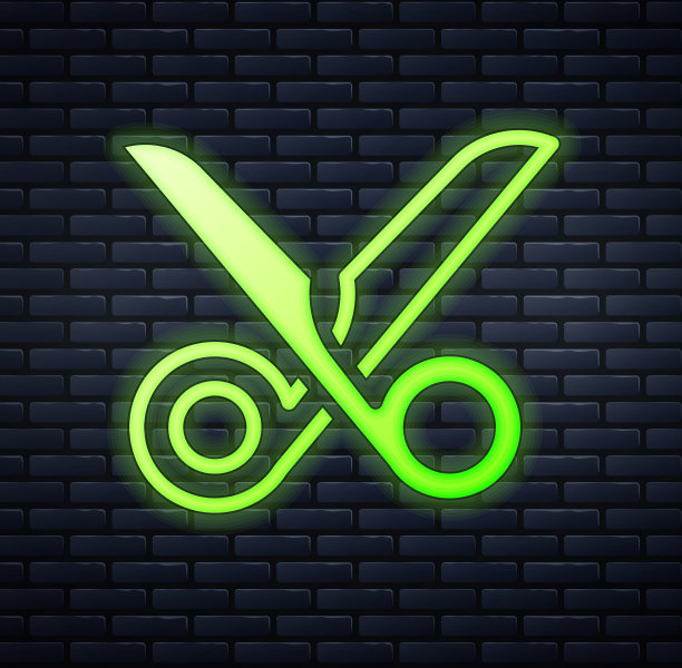 发光的霓虹灯剪刀图标孤立在砖墙图片下载