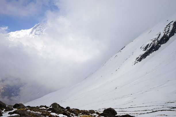 岩石小径小径之间的雪山视图与多云的蓝天图片下载