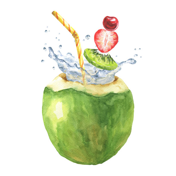 绿色椰子鸡尾酒，白色背景，水飞溅。水彩热带食物插图。图片下载