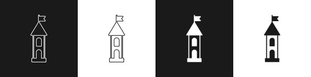 设置城堡塔图标孤立在黑色和白色图片下载