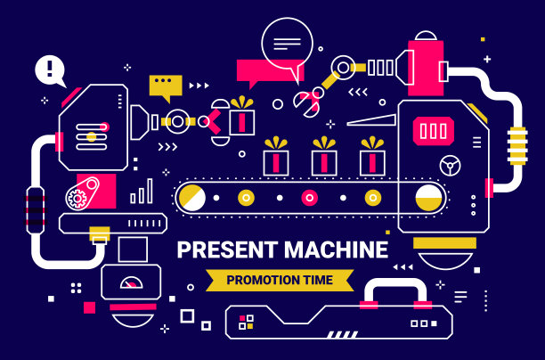带传送带机械臂生产礼品盒复杂机构的矢量彩色插图。线条艺术风格的设计，现在的机器与头部图片下载